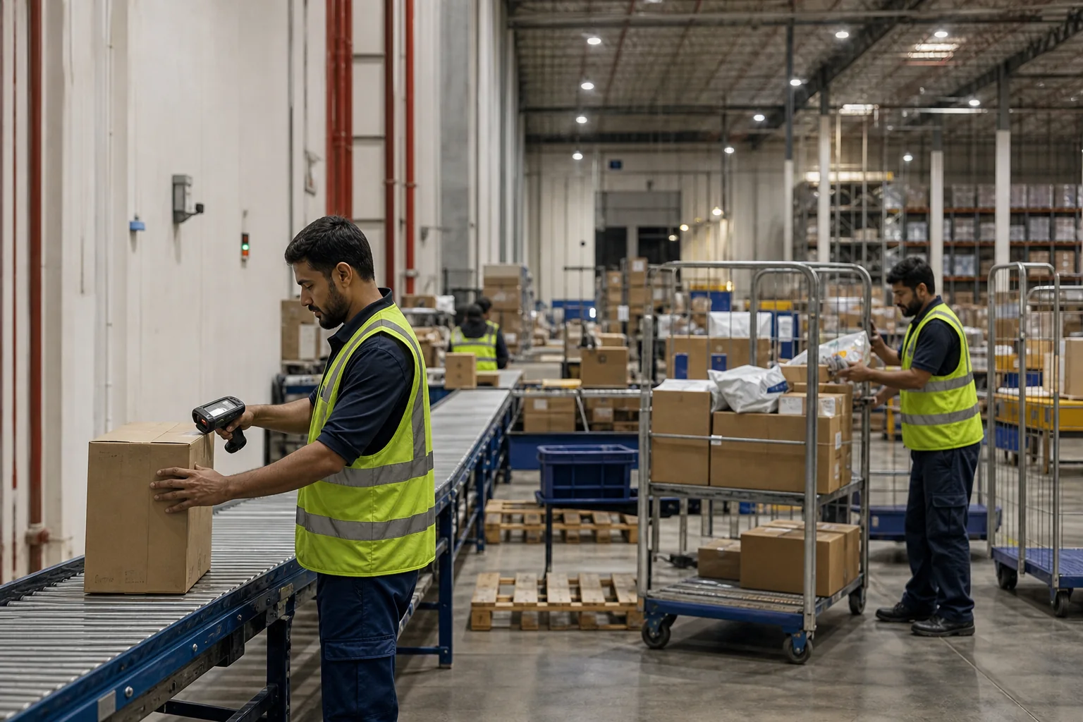 Third-party logistics team scanning and staging customer orders