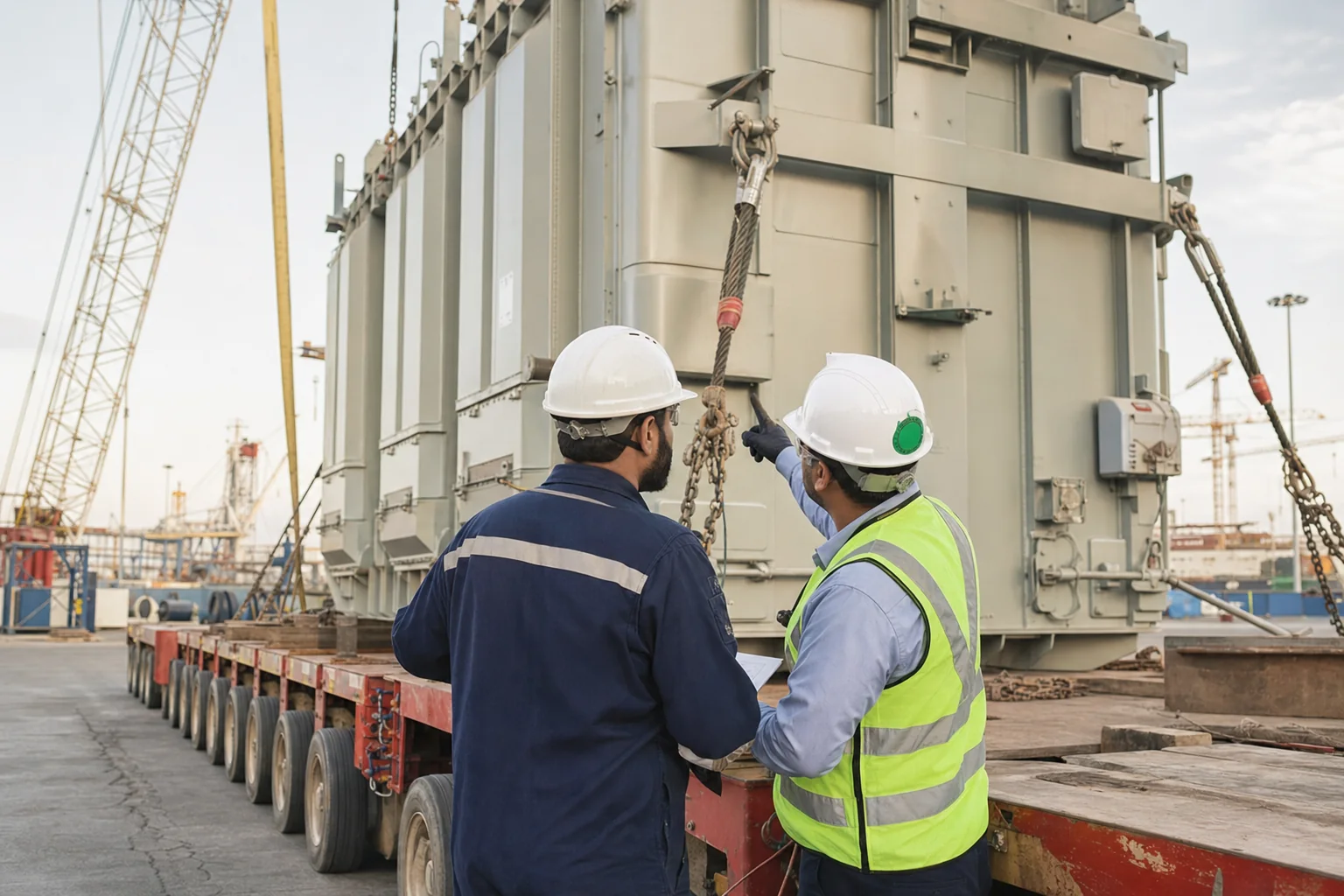 Project-cargo team checking a transformer secured on a modular trailer