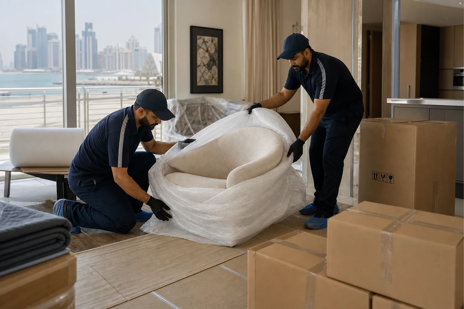 Professional movers carefully wrapping furniture in a Doha residence
