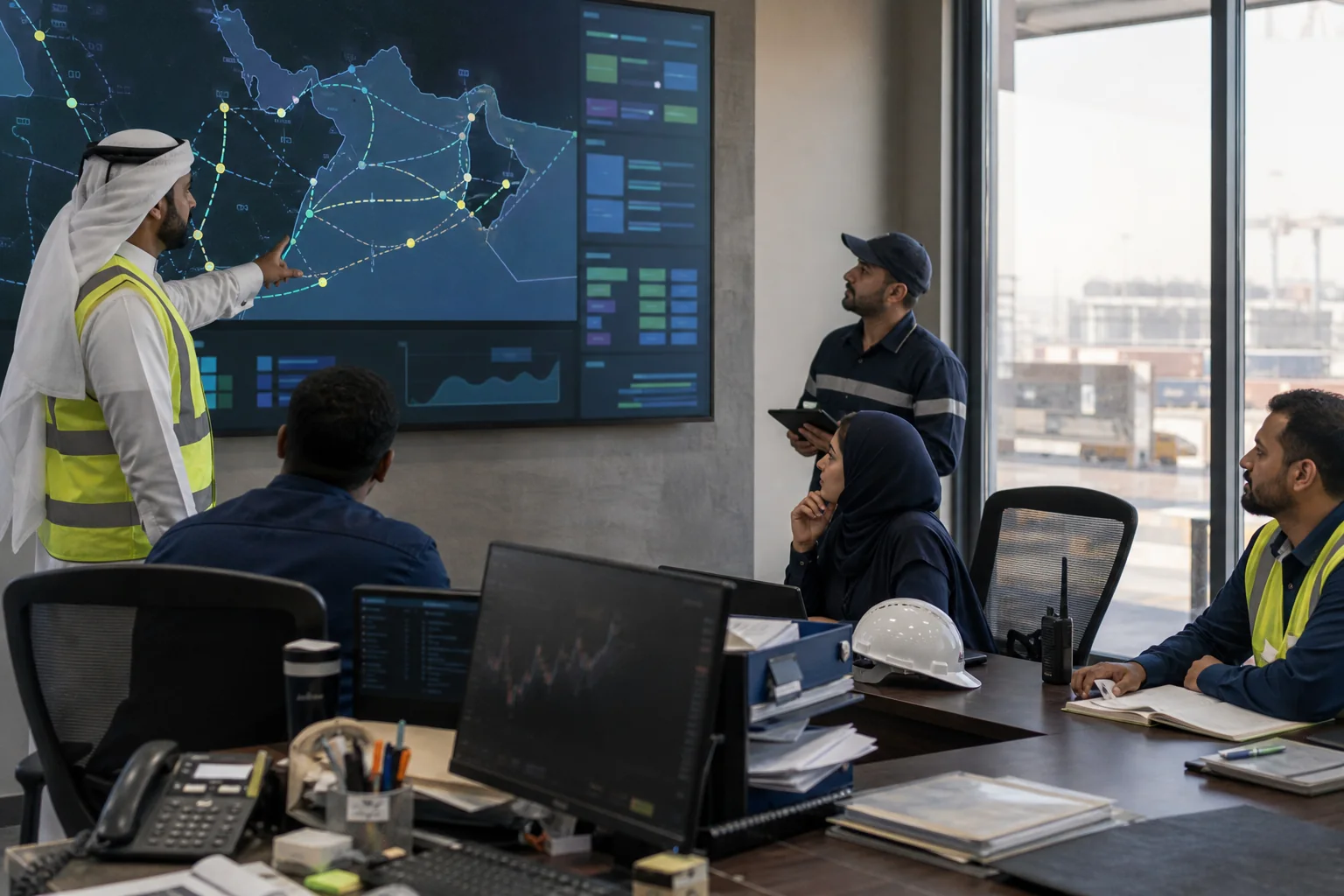 Logistics control team reviewing routes and shipment milestones