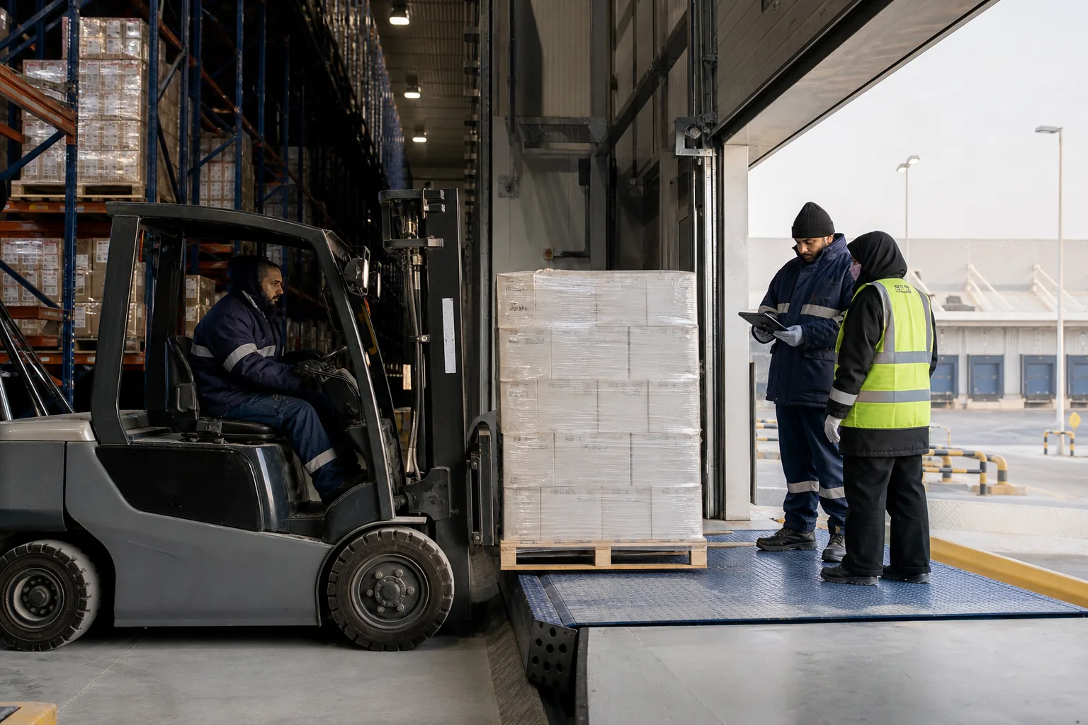 Warehouse team coordinating a pallet movement at a loading dock