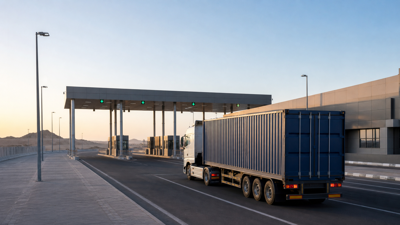 Sealed container truck proceeding through a land-border transit checkpoint