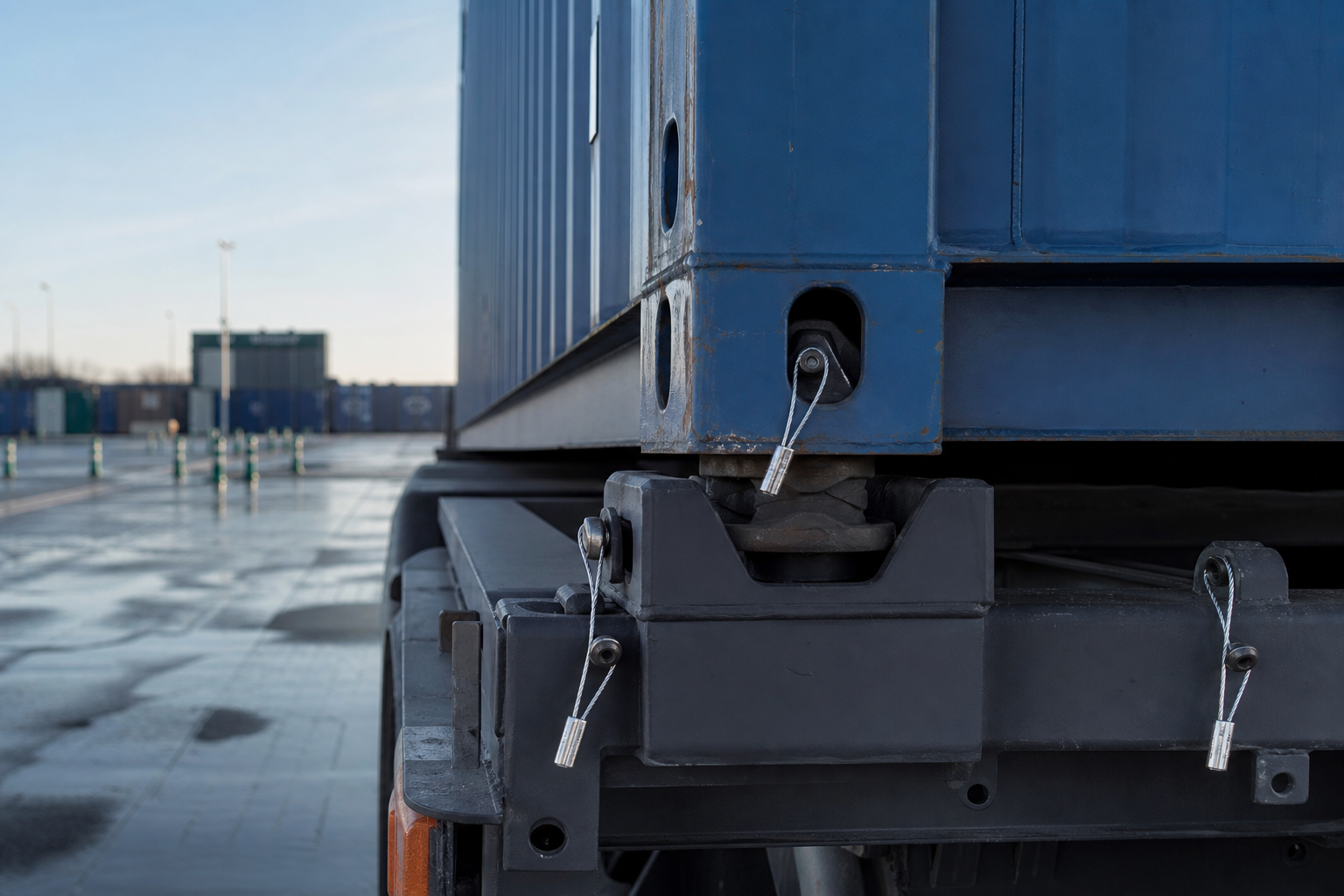 Tamper-evident wire seals securing a container chassis locking point